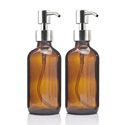 Regina-Grande bouteille en verre ambrée avec pompe en acier inoxydable, liquide, lotions faites maison, shampoing, zones de château essentielles, 8 oz, 250ml