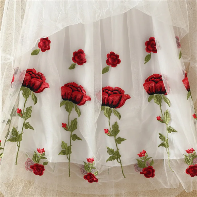Sanishroly 2023 New Summer Women Rose Floral Embroidery Mesh Skirt Ladies Elastic High Waist Mid-Long A-Line Pleated Skirts S093