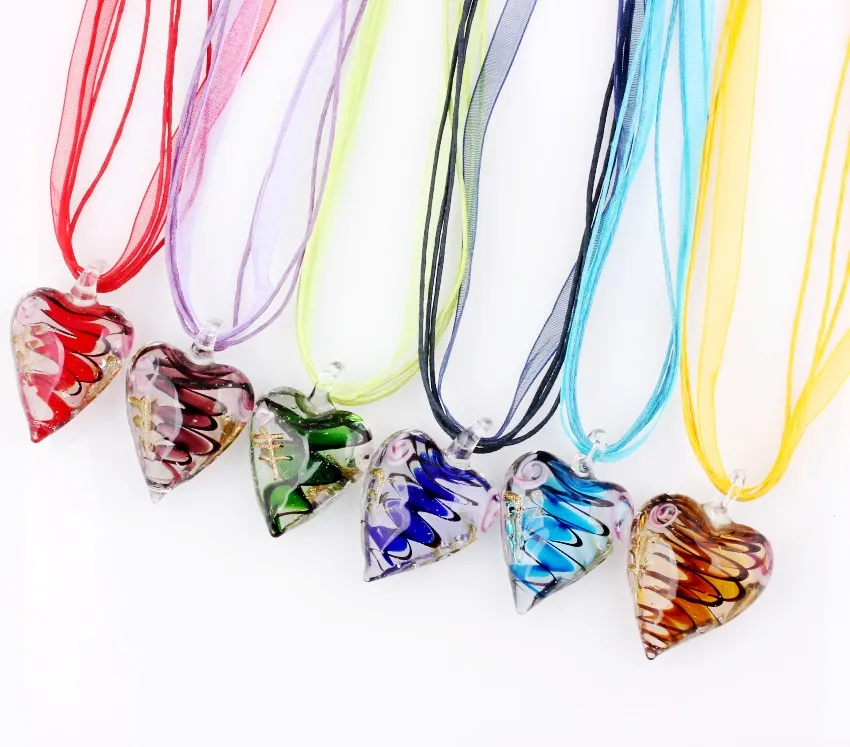 Fashion Wholesale lots 6pcs Handmade Murano Lampwork Glass Mixed Color Inside Rose Flower Pendants Silk Cords Necklace necl0029