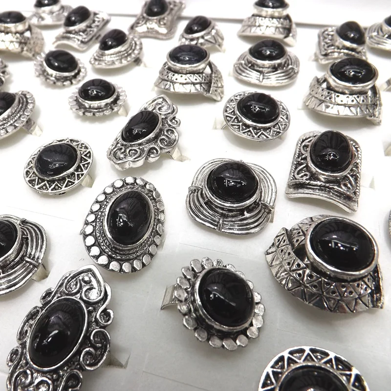 Rerto Style Black Natural Stone Adjustable Rings For wholesale 24pcs Wholesale