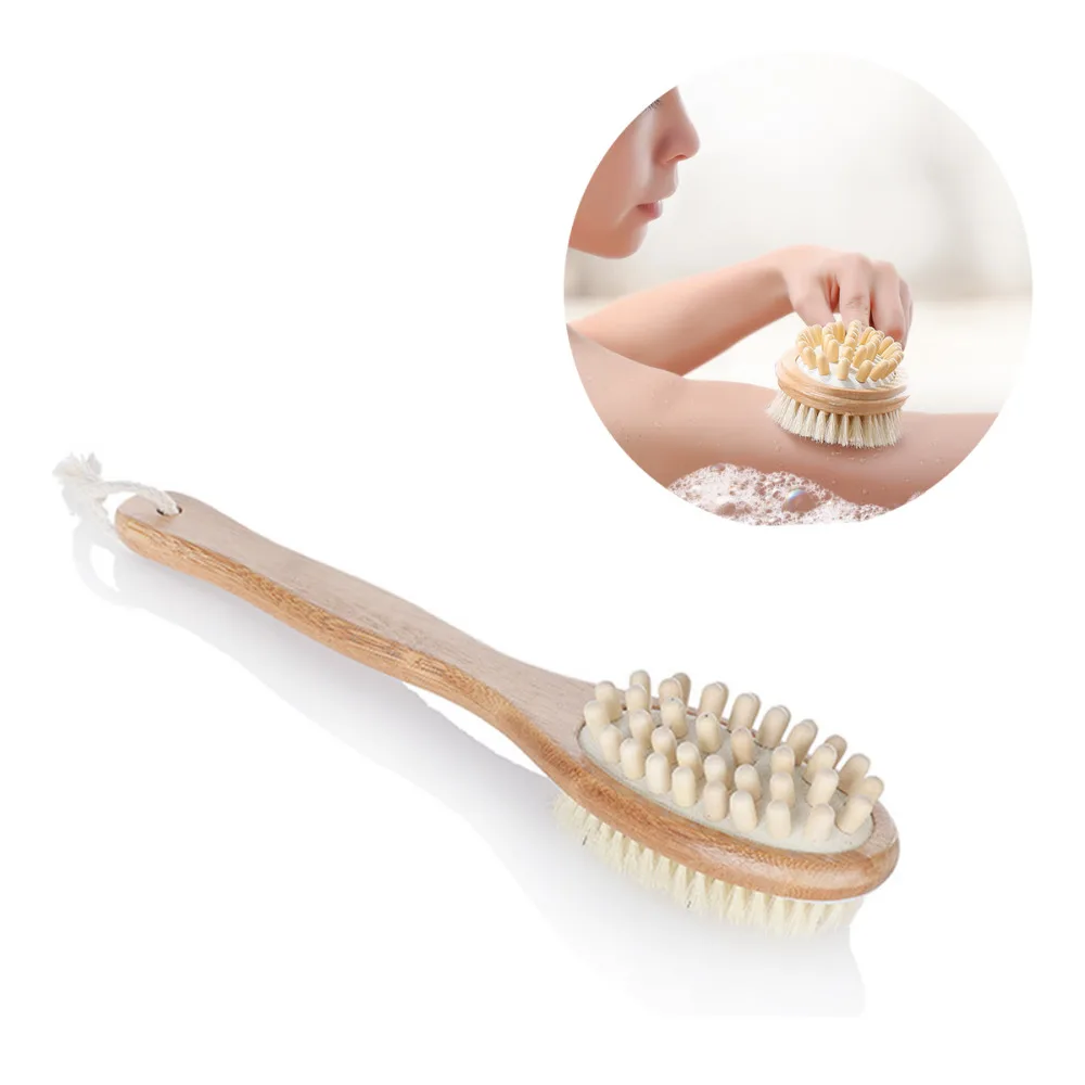 35cm 2-in-1 Long Handle Wooden Spa Shower Brush Bath Body Massage Brushes Sided Natural Bristles Scrubber