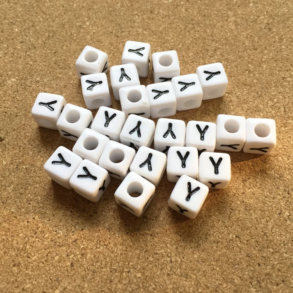 Wholesale 1100pcs 8*8MM Plastic Acrylic Letter Beads White with Black Single Initial Y Printing Plstic Alphabet Jewelry Beads