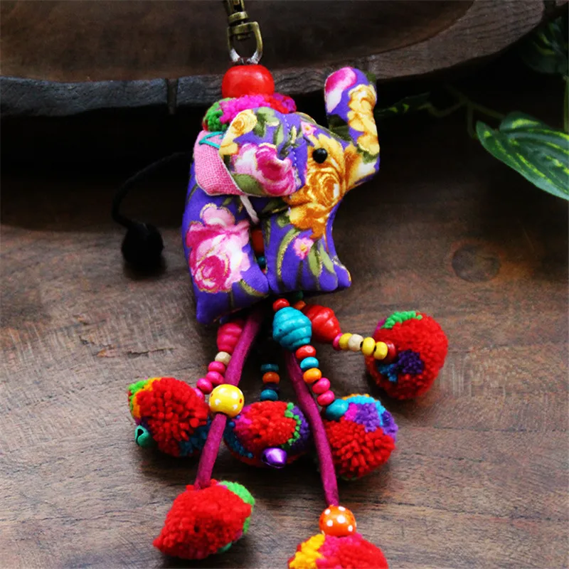 New Thailand Style Hang Decorations Floral Cloth Elephant Key Chain Colorful Woolen Balls Wood Beaded Pendant Minority Jewelry