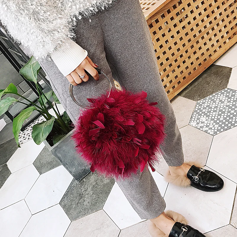 GinHae Luxury Handbag Ostrich Feather Women Circular Bag Small Chain Shoulder Crossbody Bags For Women Evening Party Clutch Bags