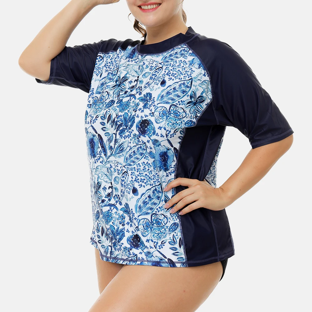 Charmleaks Donne Manica Corta Rashguard Retro Stampa Floreale Costume Da Bagno Delle Donne Della Camicia Più Il Formato Costumi Da Bagno UPF50 +