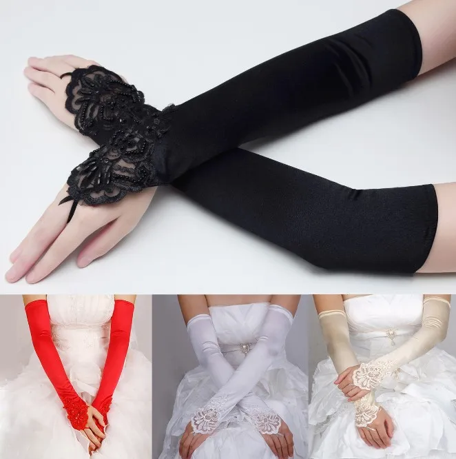 1Pair Long Satin Above Elbow White And Ivory Black Bridal Lace Wedding Party Gloves Fingerless Bride Womens Elegant Gloves