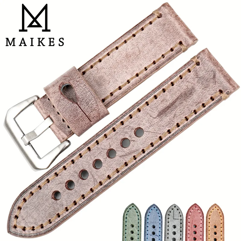 MAIKES New Design Accessories Watch Band Brown Vintage Bridle Leather Watch Strap 22mm 24mm Watch Bracelet Watchband For Panerai