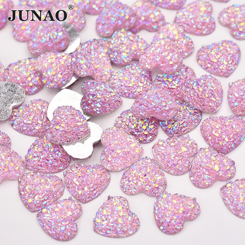 JUNAO 100 buah Glitter merah muda AB hati berlian imitasi Flatback Resin batu kristal tidak dijahit berlian Strass Applique untuk kerajinan DIY