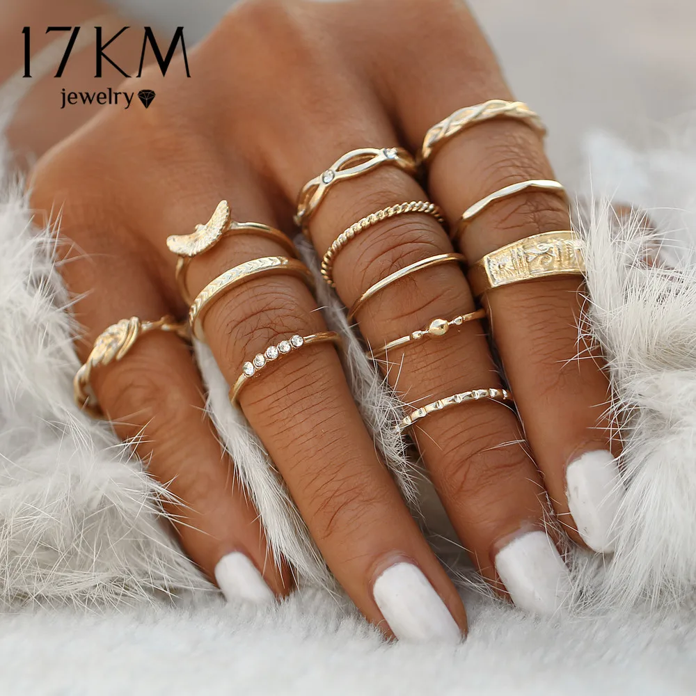 17KM 12Pcs/Set Charm Gold Color Midi Finger Ring Set for Women Vintage Boho Knuckle Party Rings Punk Jewelry Gift for Girls