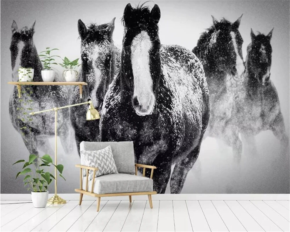 Custom size mural running horse black and white decorative painting living room bedroom home decorative painting 3d wallpaper