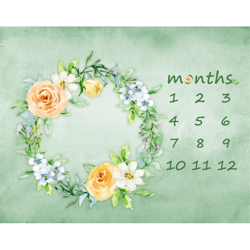 

Pastel Green Color Baby Newborn Calendar Photography Backdrop Printed White Orange Flowers Floral Wreath Photo Studio Background