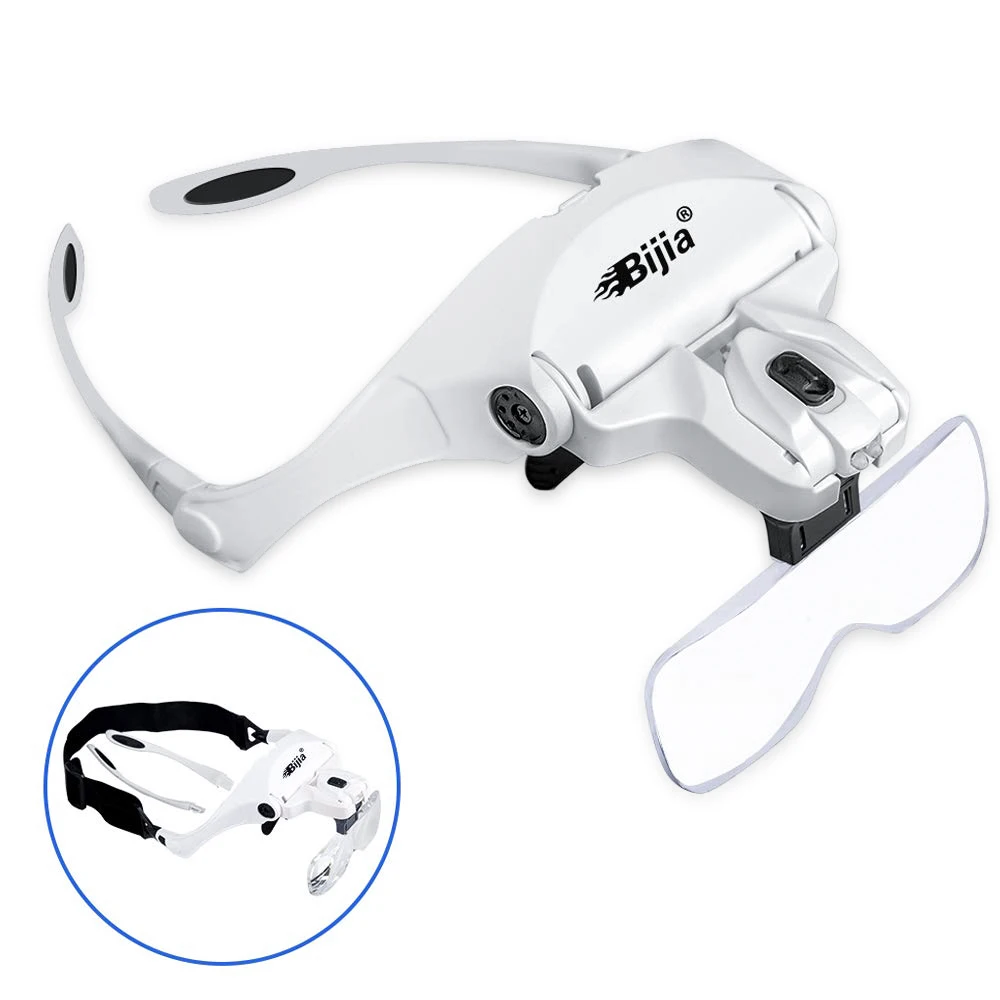 

BIJIA 1.0X 1.5X .2.0X 2.5X 3.5X Eyelash Magnifying Glass Interchangeable 5 Pcs Lenses Headband 2 LED Head Magnifier