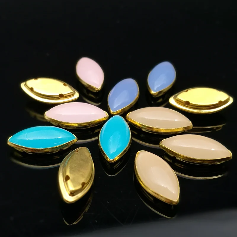 20pcs/lot High Quality 7x15mm Navette Sew On Beads New Acrylic Opal Bead With Gold Claw Setting Horse Eye Jewelry Fancy Stone