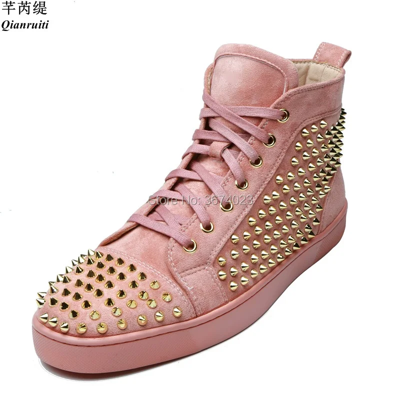 Qianruiti Fashion Men Spiked Sneakers High Top Platforms Lace Up Rivet Studded Flats Casual Shoes Men Ankle Boots Runway