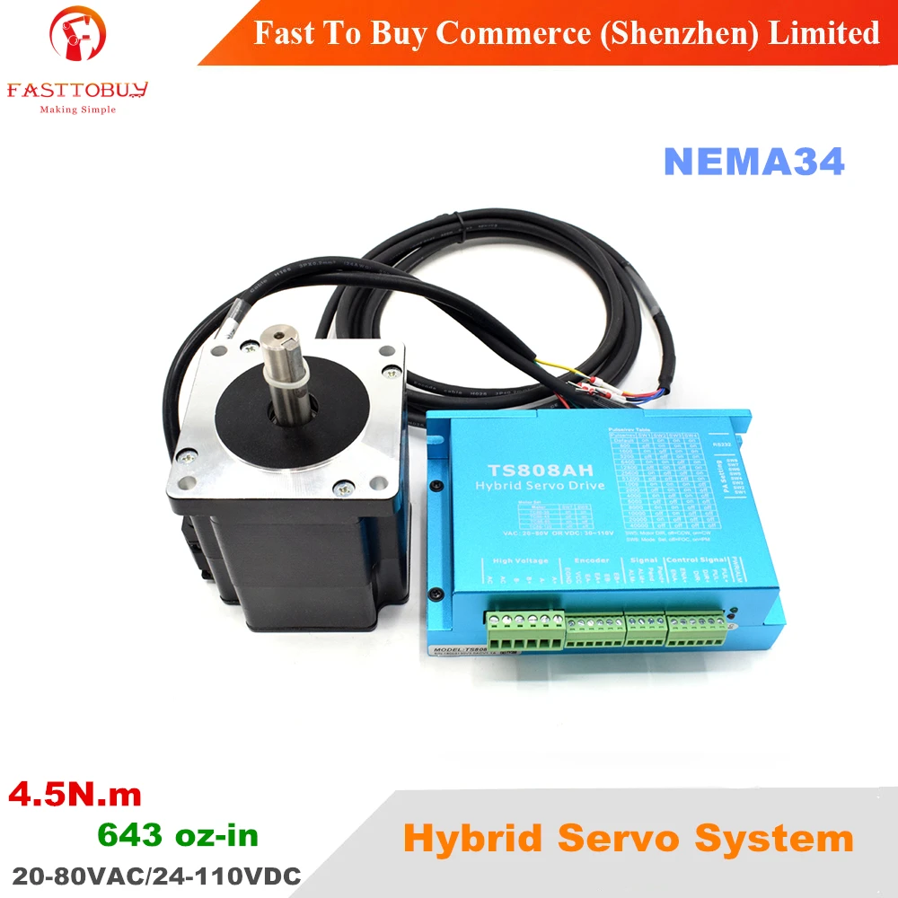 

NEMA34 4.5Nm 643 oz-in Closed-loop Hybrid Servo Kits Motor + Driver kit 20-80VAC/24-110VDC (TS808AH+TC86-45)