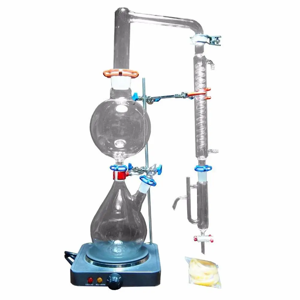 

New 2000ml Lab Essential Oil Steam Distillation Apparatus Glassware Kits Water Distiller Purifier w/Hot Stove Graham Condenser