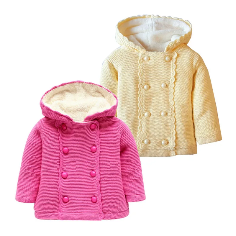 

Children's Hooded Sweater 12M to 4T Double Breasted Cotton Solid Thick Ruffles Sweater Winter Baby Girl Children's Clothing