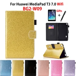 Glitter Case for Huawei MediaPad T3 7.0 WIFI BG2-W09 Cover Funda Silicone PU Leather Skin for Honor Play Pad 2 7.0 +Film+Pen