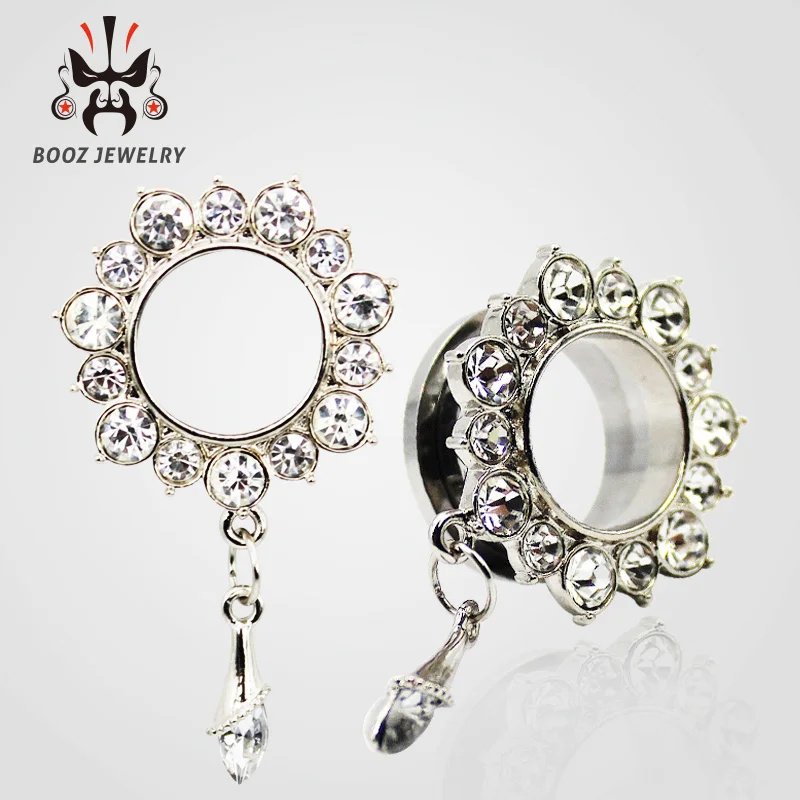 KUBOOZ Most Popular Stainless Steel Flower Crystal Pendant Ear Tunnels Gauges Piercing Body Jewelry Fashion Ear Plugs Expanders
