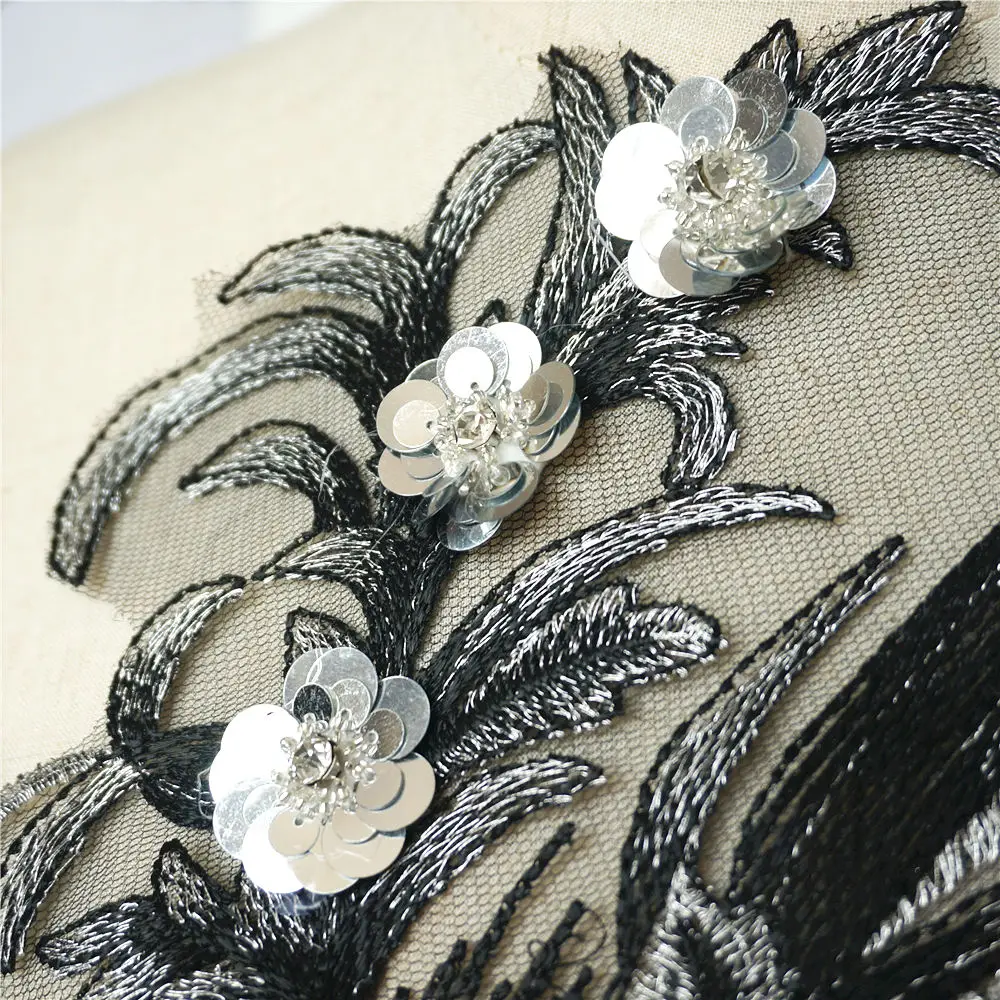 40CM Black Fabric 3D Flowers Roses Rhinestone Sequins Appliques Lace Trims Embroidery Mesh Sew On Patches For Wedding Decoration image 5