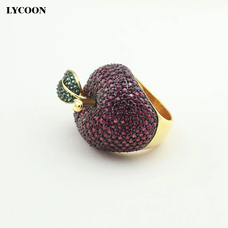 LYCOON elegant crystal apple rings food style yellow gold-color luxury prong setting rose red/green Cubic Zirconia for women