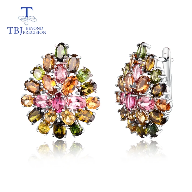 

Natural Brazil tourmaline clasp earring 925 sterling silver fine jewelry multi-color gemstone flower design luxury Wedding gift