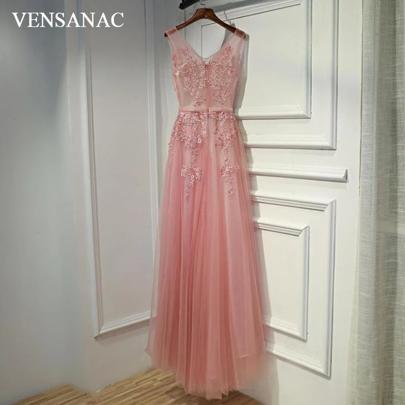 

VENSANAC 2018 Lace Sash Crystals A Line Long Evening Dresses Elegant V Neck Tank Appliques Tulle Party Prom Gowns