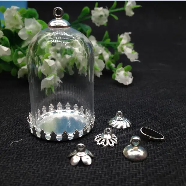 

100sets 38*25mm tube jars glass globe silver crown base tray beads cap free clasp vial pendant glass cover dome necklace pendant