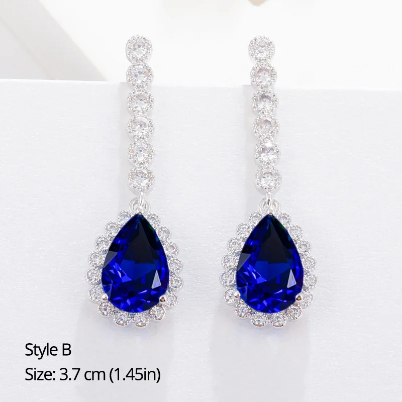 BeaQueen Leaf Flower Teardrop Cubic Zircon Royal Jewellery Big Dark Blue CZ Crystal Long Dangle Wedding Earrings for Women E293