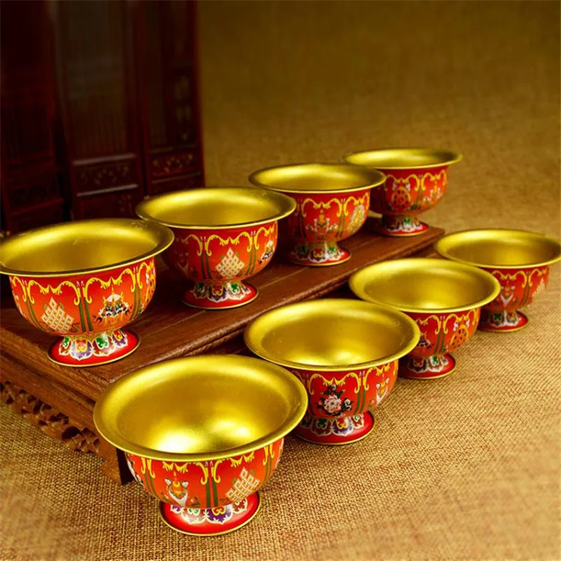 8pcs/Set Alloy Metal Tibetan Supply Buddhist 6cm Hand Painted Craft Eight Auspicious Symbol Sacrifice Cleaned Bowel/Cups Sets