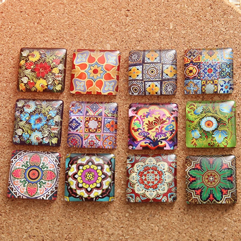 10/15/20/25mm Beauty Colorful Flower Pattern Square Handmade Photo Glass Cabochons & Glass Dome Cover Pendant Cameo Settings