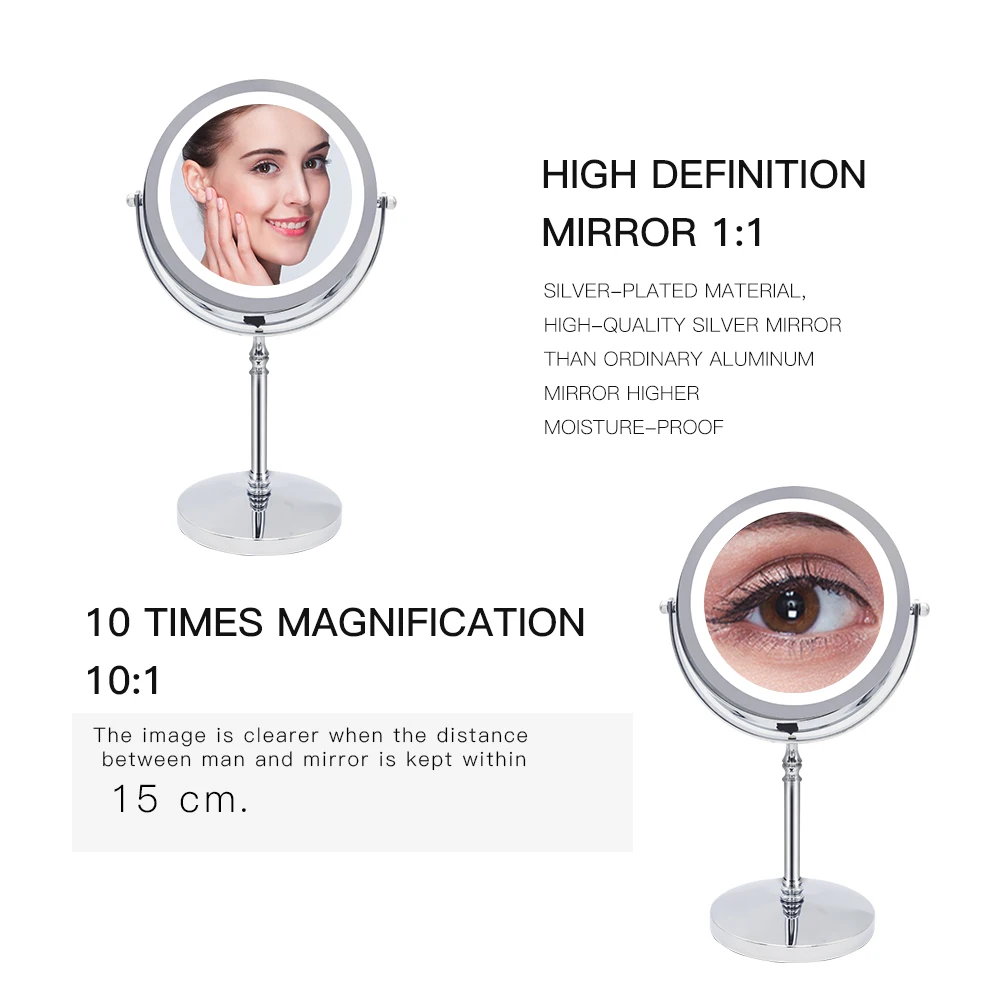 10X Vergrootglas Make-Up Spiegel Met Licht Led Cosmetische Spiegels Ronde Vorm Desktop Spiegel Dubbelzijdig Backlit Spiegels