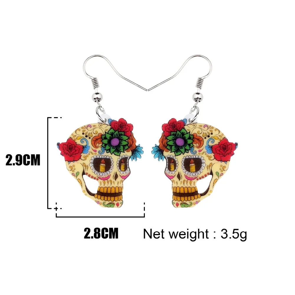 Bonsny-pendientes acrílicos con forma de calavera para mujer y niña, aretes colgantes con diseño Floral clásico de Halloween, joyería a la moda,