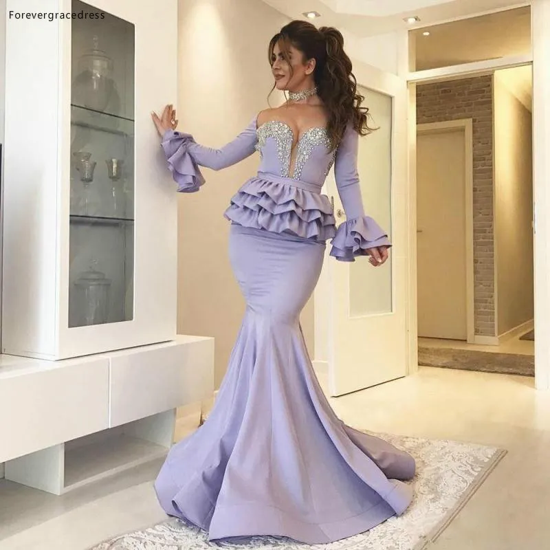 Vestido de noche Lila lavanda, sirena, Peplum, mangas largas, ropa para vacaciones, desfile, fiesta de graduación, talla grande, 2019