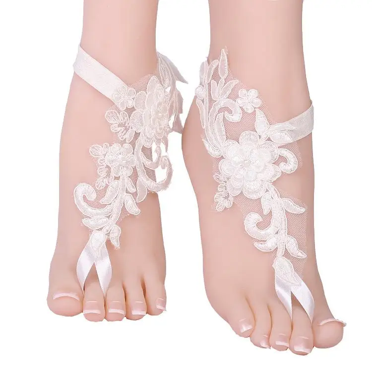 Cavigliera in pizzo da donna della boemia con fiocco floreale, accessori per piedi da sposa da spiaggia, puntelli per foto di Halloween femminili