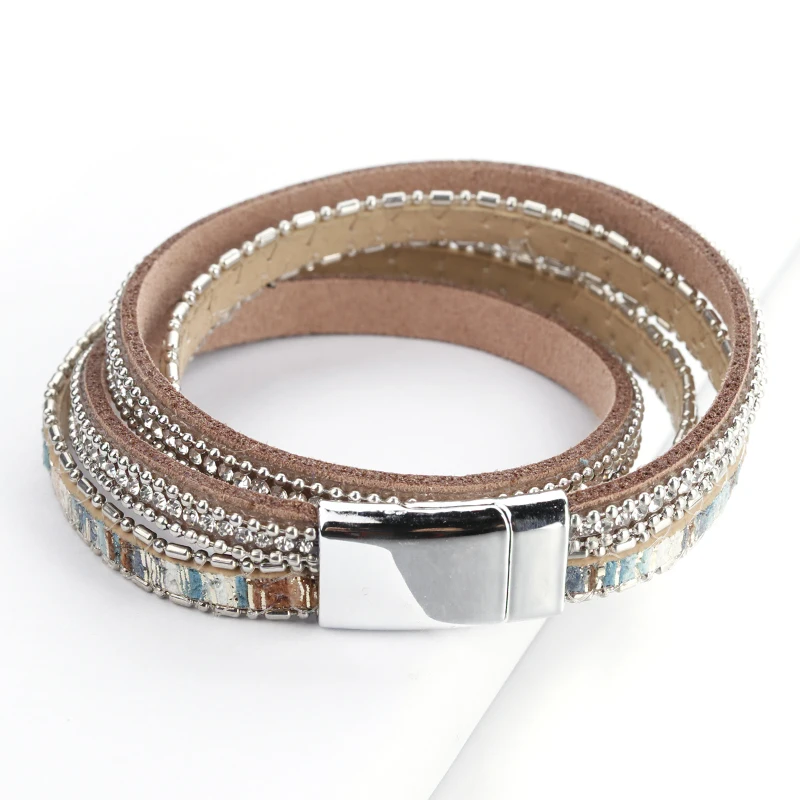 Amorcome Graffiti Leather Bracelets For Women Shiny Crystal Vintage Boho Multilayer Double Wrap Bracelet Femme Jewelry