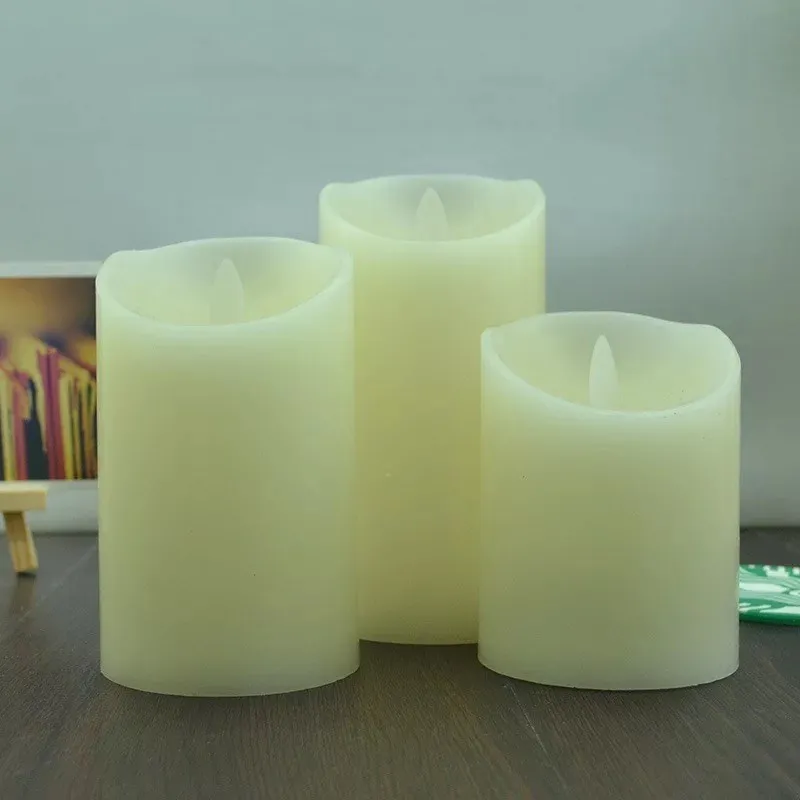 Pack of 3 Flickering Pillar LED Candle Light Remote control with 2/4/6/8H Timer Paraffin Wax Dancing wick 7.5CM Diameter-Amber