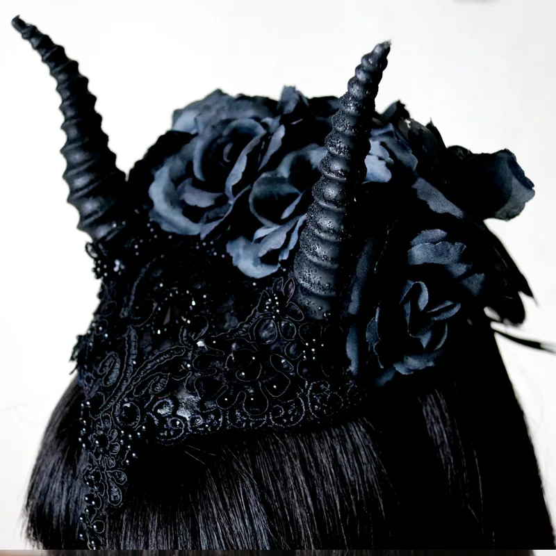 

2018 Black Rose Flower Punk Gothic Sheep Horn Headwear Evil Cosplay Halloween Costumes For Women