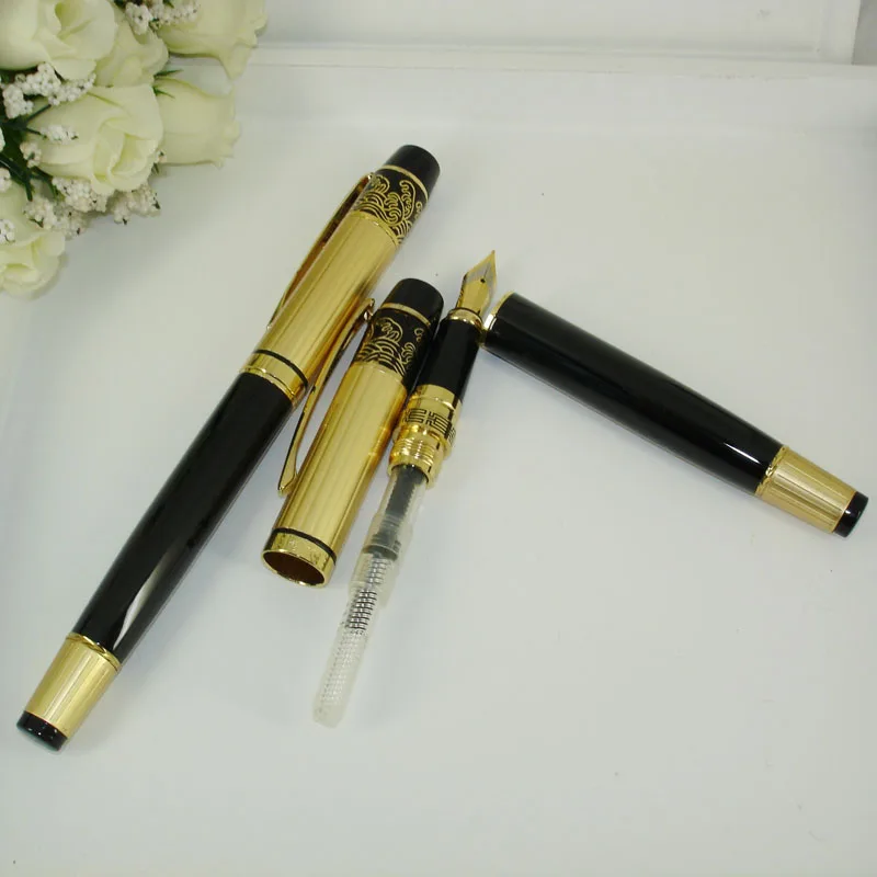 ACMECN Wholesale Metal Fountain Pen with Emboss China Element Design 45g Heavy Pen Black Body Gold Cap & Accent Luxury Ink Pens