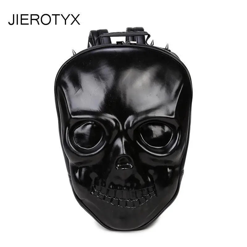 

JIEROTYX Travel Backpack Women Rock Style Female Skull Leisure School Bags Soft Pu Leather Rivet Bag Black Gothic High Quality