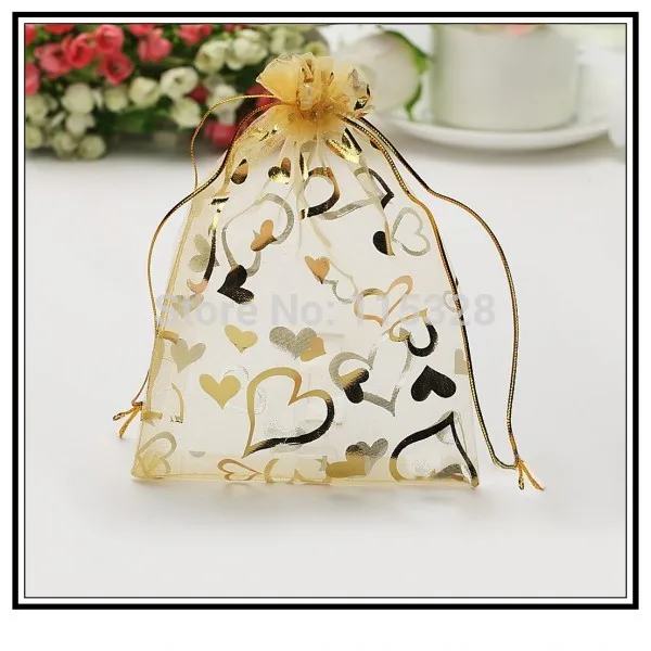 

Hot Sale 7x9cm 100pcs/lot Golden Heart Christmas Wedding Gift Candy Bags Organza Drawstring Bags Jewelry Packing Gift Pouches