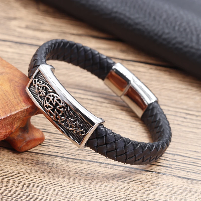 Punk Black Braided Genuine Leather Bracelet Male Stainless Steel Bangle For Men Jewelry Vintage Charm Magnetic Buckle