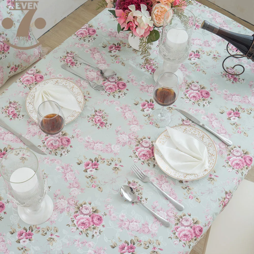 Pink Green Color Pastoral Style Jacquard Cloth White Lace Border Decorative Table Cover Embroidery Tablecloth