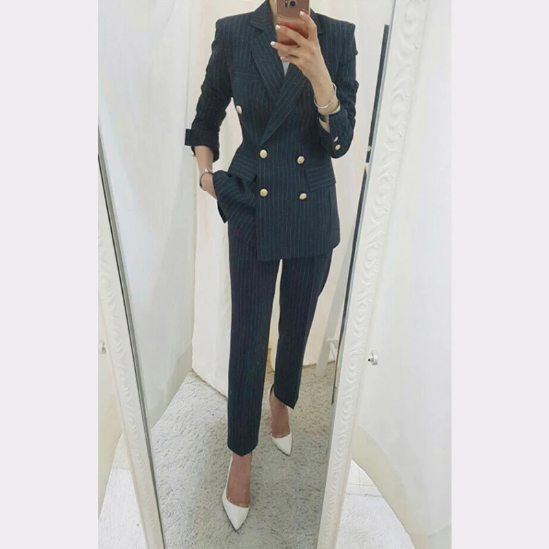 BGTEEVER di Affari di Lavoro Delle Donne A Strisce Abiti Doppio Petto Sottile Vestito con pantaloni Blazer Jacket & Matita Pant Office Lady 2 Pezzi