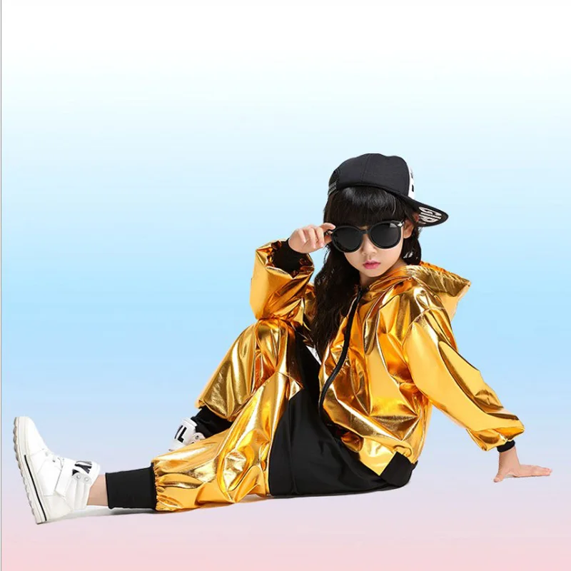 child girl boy performance gold silver Hip hop HIPHOP Jazz modern Ballroom break dance suit costume hooded costumes Pants adult