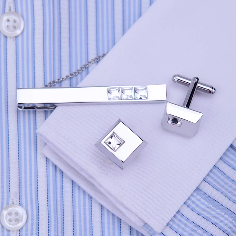 KFLK Cuff links Good High Quality  necktie clip for tie pin for men White Crystal tie bars cufflinks tie clip set  guests