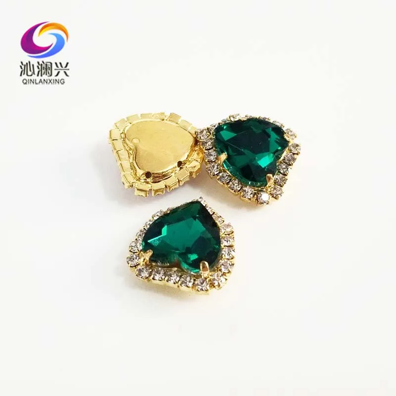 Heart Shape Malachite Green Crystal Glass Rhinestones, Gold Bottom Sew on Buckle, Used for Needlework, DIY/Sewing Accessories