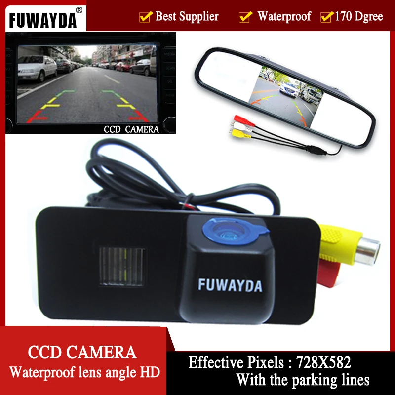 FUWAYDA Color Car Rear View Camera for VW Phaeton Scriocco Golf 4 5 6 MK4 MK5 EOS Lupo Beetle 4.3 Inch Rear view Mirror Monitor