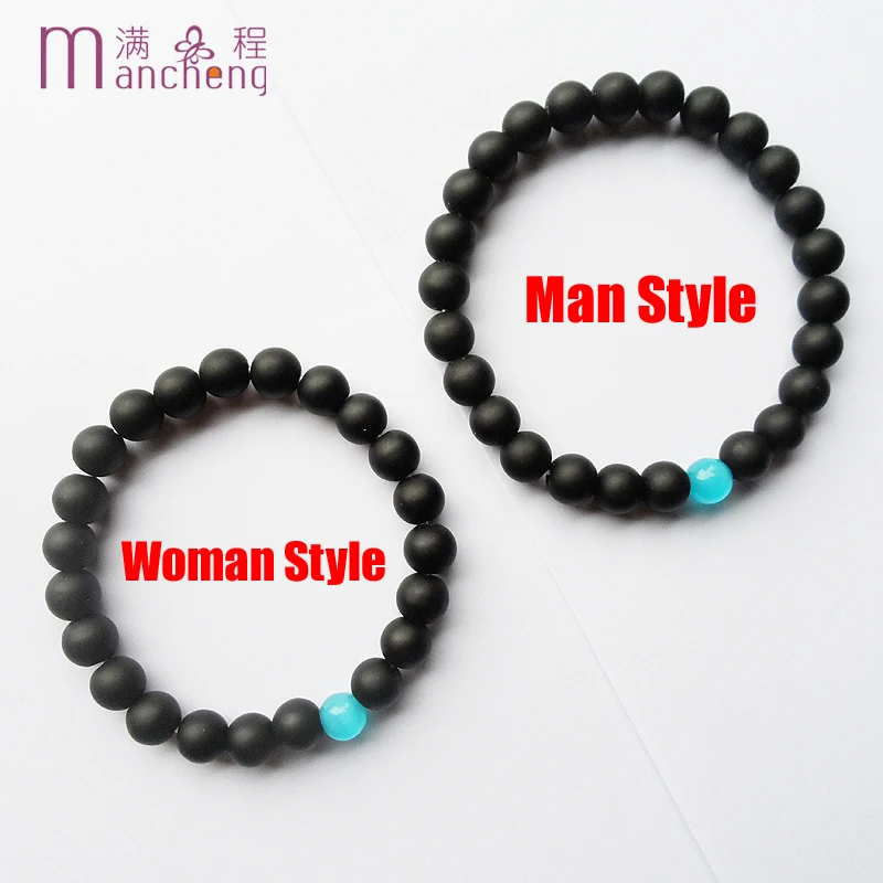 arcane Fashion man 8inch women 7inch Round Blue cat's eye Grind arenaceous Matte obsidian beads strand bracelet sets lovers'