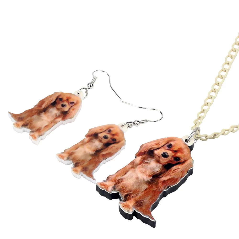 Bonsny Acrylic Jewelry Sets Cavalier King Charles Spaniel Dog Necklace Earrings Choker Pendant For Women Girls Gift Decoration